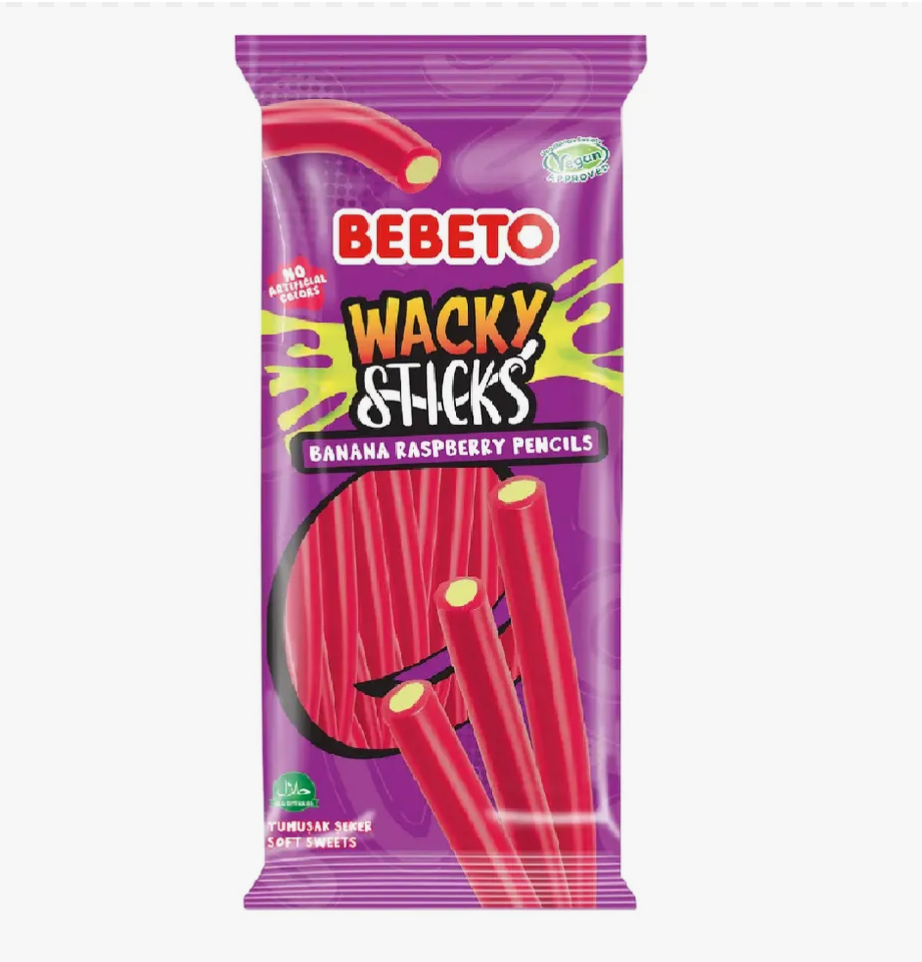 Мармелад жевательный "WACKY STICKS FIZZY BANANA&RASPBERRY" Малина-Банан 160г/12шт/Bebeto