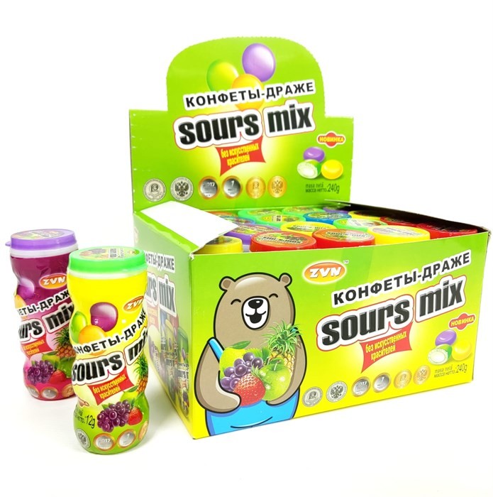 Конфеты-драже «SOURS MIX» вкус Лимона, Клубники и Черники ZVN 12г/20шт/Candy Club