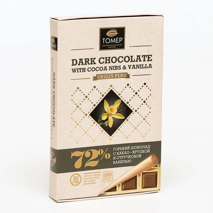 Шоколад "Томер" горький Перу 72% с какао-крупкой и стручковой ванилью 90г/Томер
