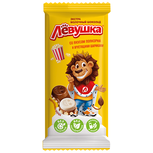 Шоколад экстрамолочный и белый Левушка детям со вкусом Попкорна 85г/14шт/Славянка