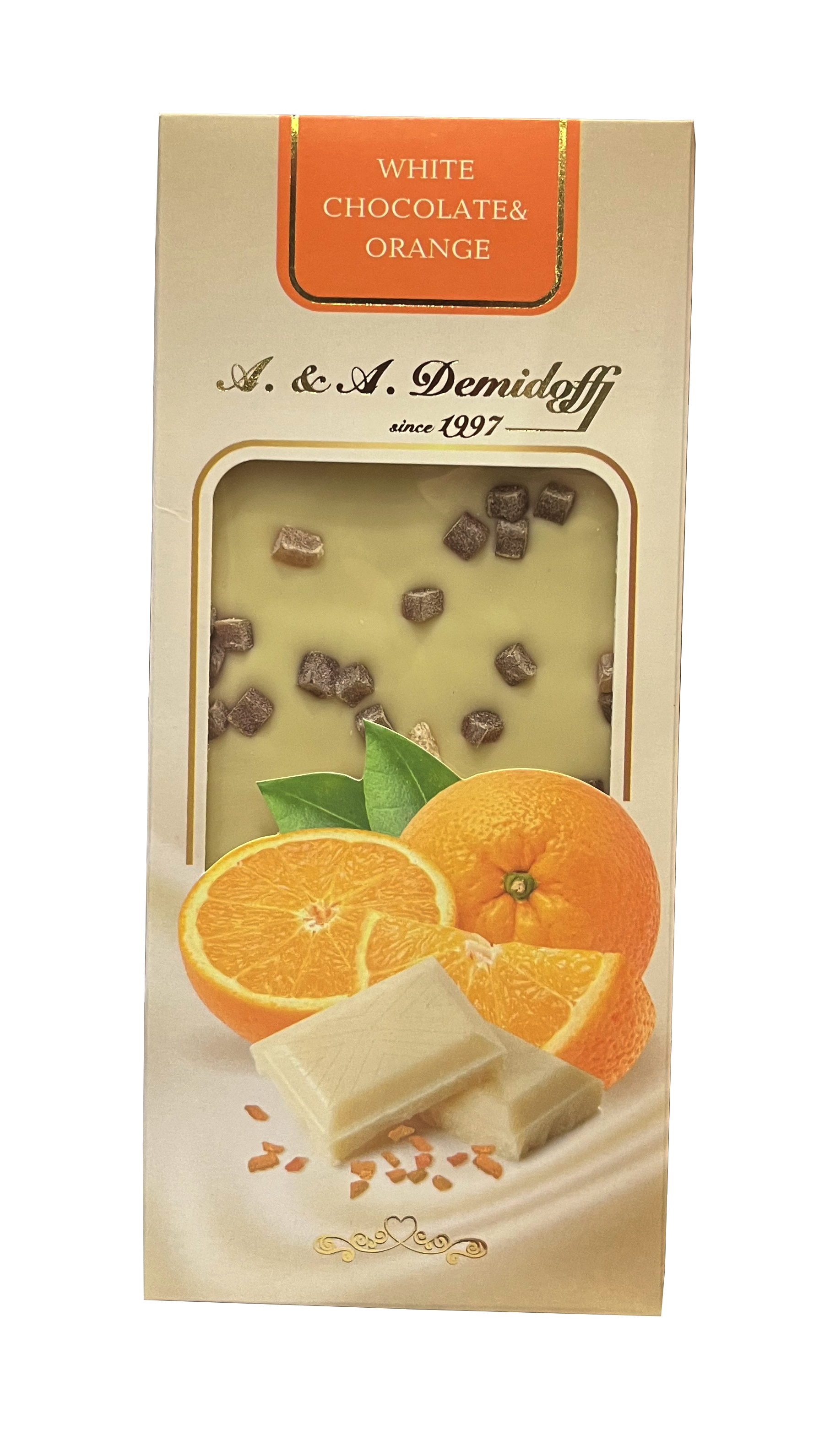 Шоколад белый "A.& A. Demidoff" с кусочками Апельсина 90г/Шоколадница
