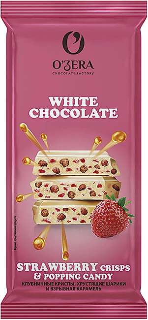Шоколад белый "О'Zera" Strawberry crisps&Popping candy 90г/Озерский Сувенир