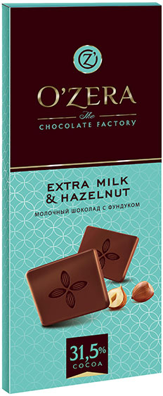 Шоколад молочный О`zera Extra milk & Hazelnut 90г/18шт/Озерский Сувенир
