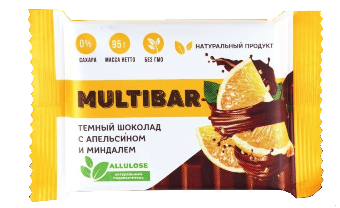 Шоколад "Multibar" темный с апельсином и миндалем без сахара 95г/ФинТур