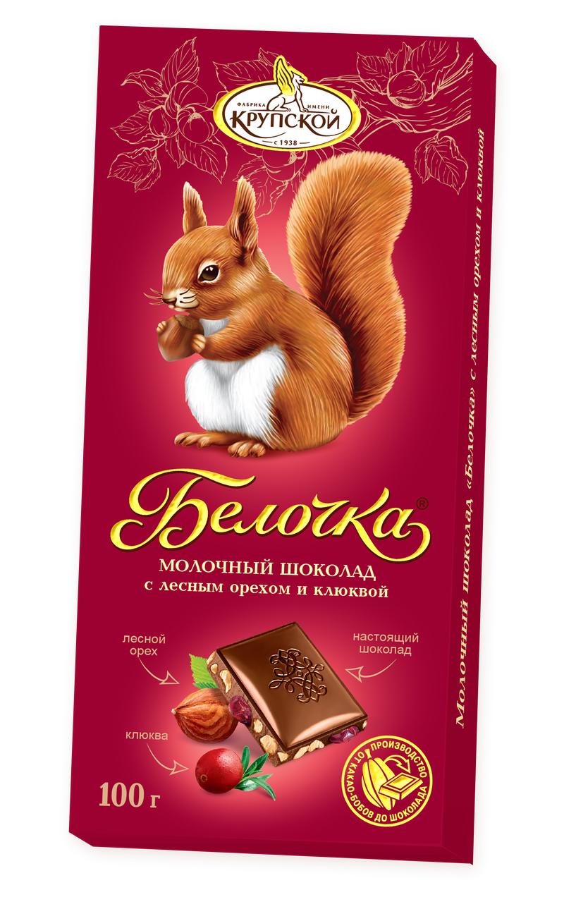 Шоколад "БЕЛОЧКА" молочный с лесным орехом и клюквой 95г/КФ Крупской