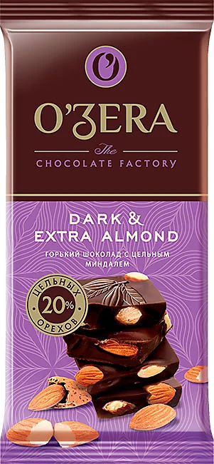 Шоколад О'zera горький с цельным миндалем Dark & Extra Almond 90г/Озерский Сувенир