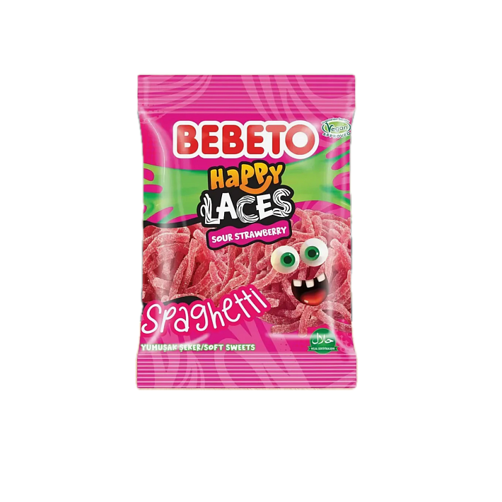 Жевательный мармелад "HAPPY LACES SOUR STRAWBERRY SPAGHETTI" Клубника 80г/12шт/Bebeto