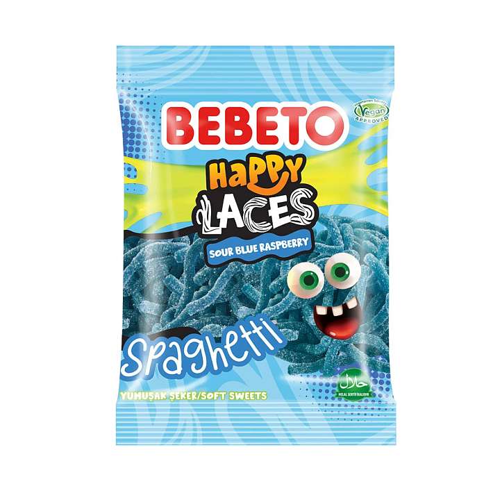Жевательный мармелад "HAPPY LACES SOUR BLUE RASPBERRY SPAGHETTI" Голубоая Малина 80г/12шт/Bebeto