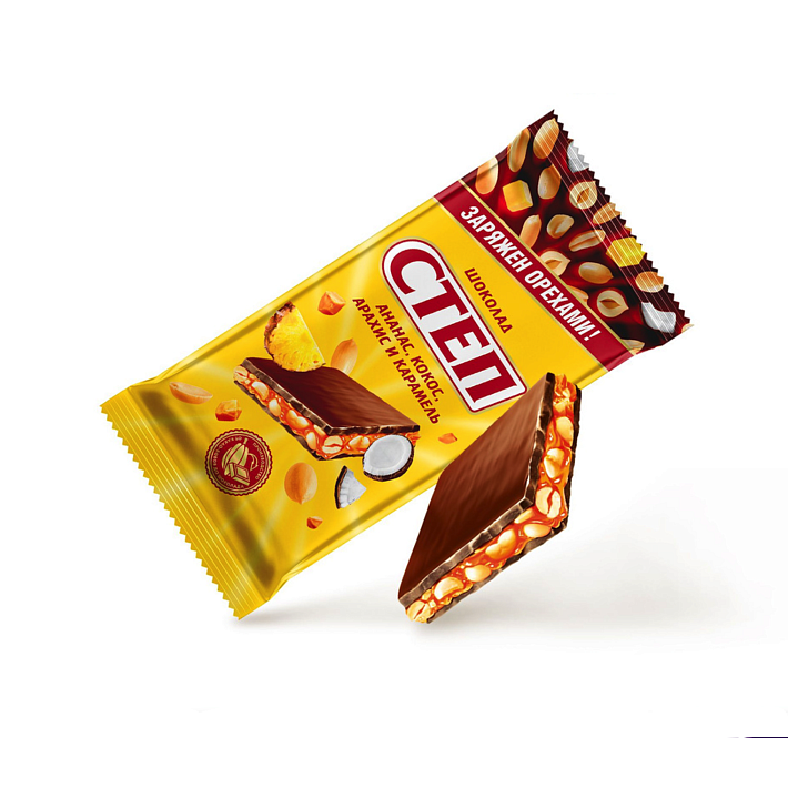 Шоколад "Степ" Ананас, Кокос, Арахис и Карамель 85г/Славянка