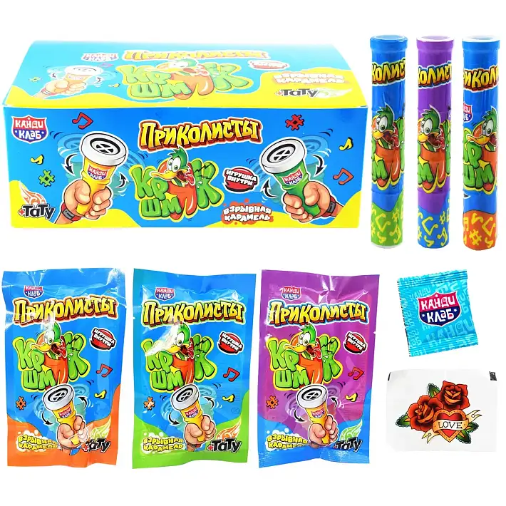 Взрывная карамель "Приколисты Кряк-шмяк" с тату и игрушкой 1г/30шт/Канди Клаб