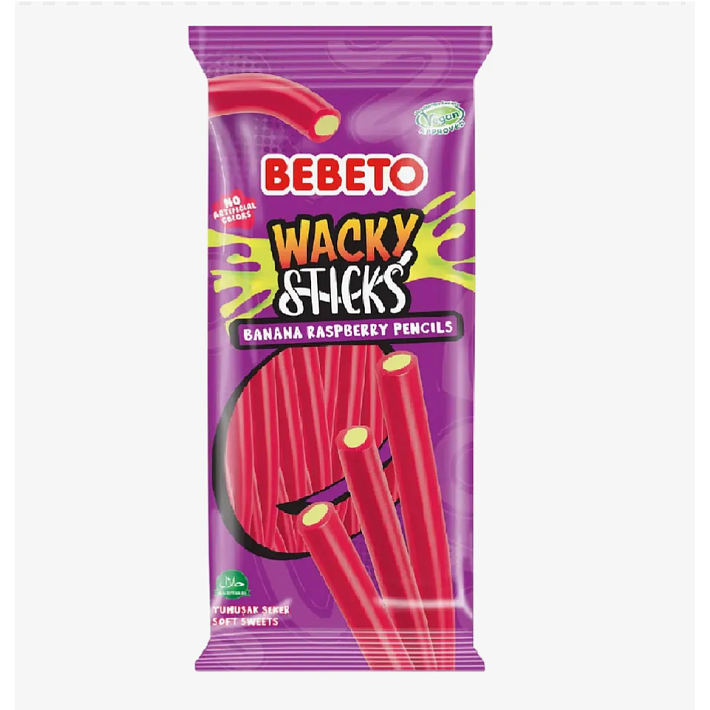 Мармелад жевательный "WACKY STICKS FIZZY BANANA&RASPBERRY" Малина-Банан 160г/12шт/Bebeto