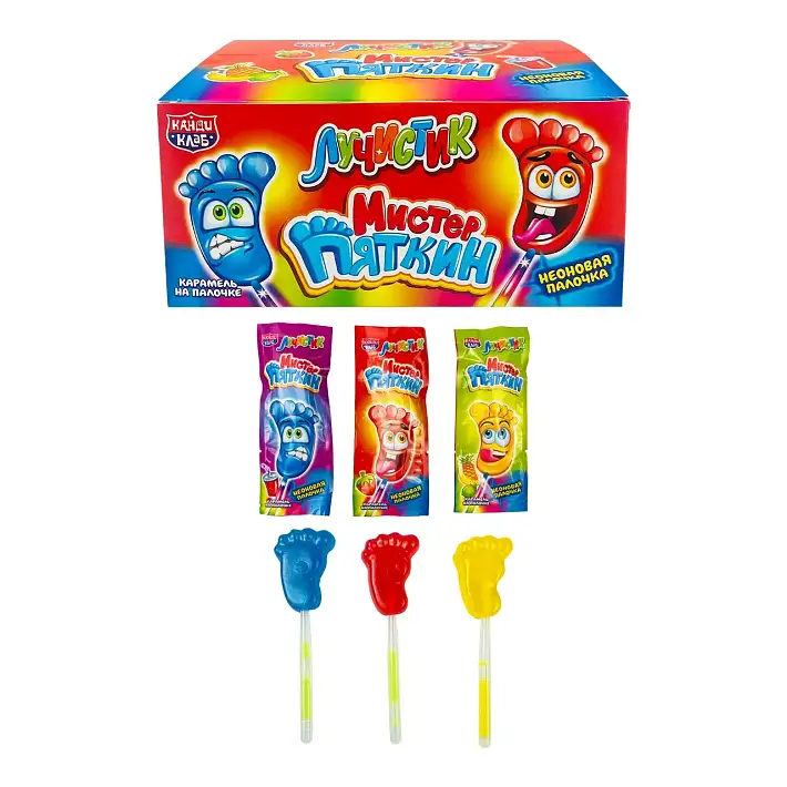 Карамель "Мистер Пяткин" на палочке с кислой пудрой Ассорти 11г/48шт/Канди Клаб