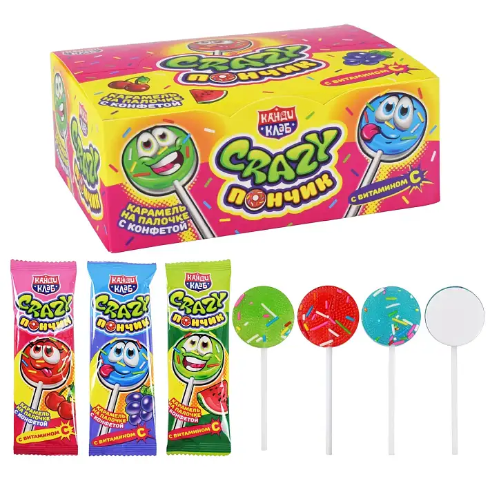 Карамель на палочке "Crazy Пончик" Ассорти 10г/30шт/Candy Club