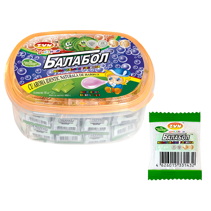Жевательная резинка «Цветной Балабол» со вкусом Арбуза и Мяты 2,7г/180шт/Candy Club