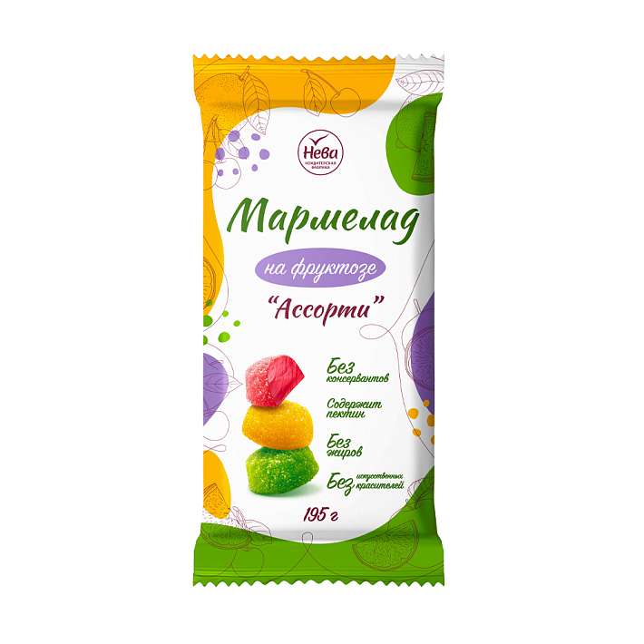 Мармелад желейный формовой "Ассорти" ароматизированный на фруктозе" 195г/12шт/Нева КФ