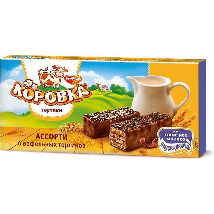 "Ассорти из вафельных тортиков "Коровка" вкус Топленое молоко со светлой и темной крошкой 200г/6шт/Рот Фронт