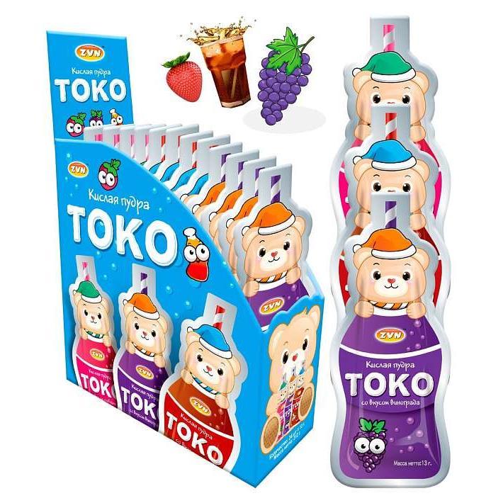 Кислая пудра «ТОКО» со вкусом Винограда, Колы, Клубники 13г/24шт/Candy Club