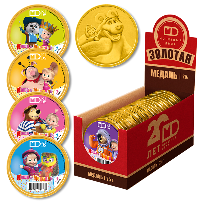 Шоколадные медали "Маша и Медведь" 25г/24шт/Монетный двор