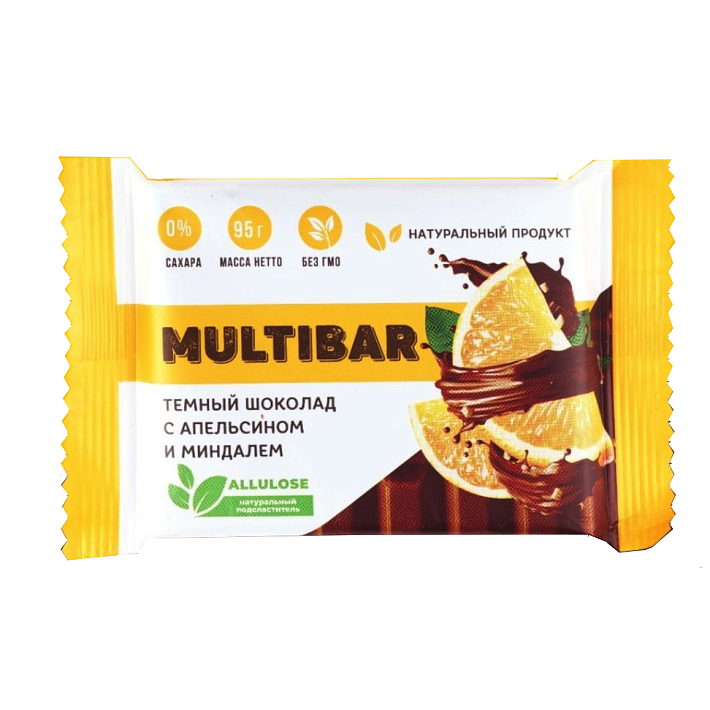 Шоколад "Multibar" темный с апельсином и миндалем без сахара 95г/ФинТур